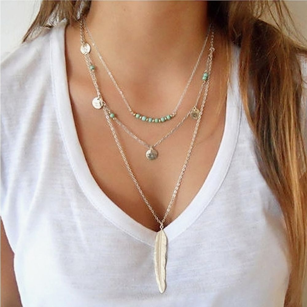 🔺️NWOT Silver Plated Chain, Turquoise Beads & Feather Pendant Necklace